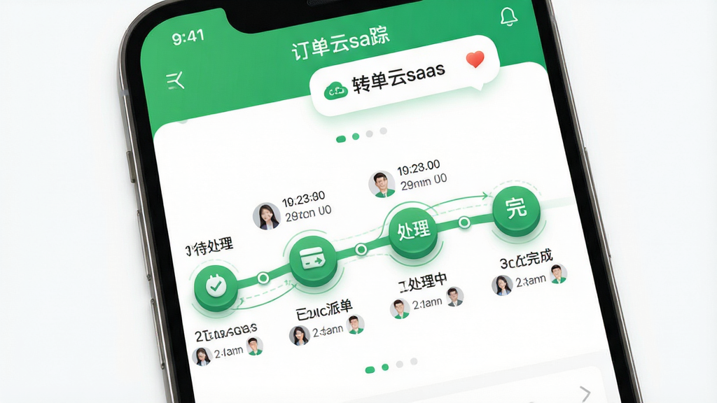 一张展示“转单云saas”订单状态跟踪界面的图片,手机屏幕中显示一条时间轴,时间轴上分布着“待处理”“已派单”“处理中”“已完成”四个节点,每个节点旁边有对应的时间戳和操作人头像,屏幕上方有消息提醒气泡,整体风格为清爽的移动端UI设计,色调以绿色和白色为主,细节上时间轴线条流畅,节点图标有立体感,画质清晰,背景干净,无多余元素