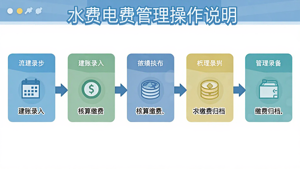 主体为水费电费管理应用的操作流程图界面,布局采用横向流程图形式,排版从左到右依次为建账录入核算缴费归档五个步骤,风格为扁平化信息图风格,细节包含箭头连接和图标标识,画面中文字显示水费电费管理操作说明,画质干净清晰无多余元素