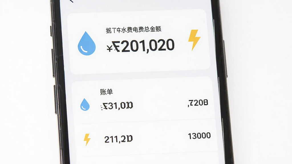 主体为一部智能手机屏幕显示水费电费管理应用主界面,布局采用上下结构上方显示本月水费电费总金额下方为账单列表,排版整齐留白适中,风格为现代扁平化简约风,细节包含蓝色水滴图标与黄色闪电图标以及数字金额,画质高清干净无多余元素