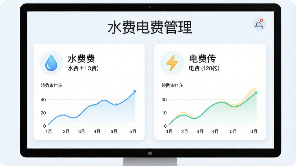 主体为水费电费管理应用的数据看板界面,布局采用左右分栏左侧为水费卡片右侧为电费卡片,排版对称均衡,风格为清新浅色商务风,细节包含水滴图标闪电图标以及折线趋势图,画面中文字显示水费电费管理字样,画质清晰干净无多余元素