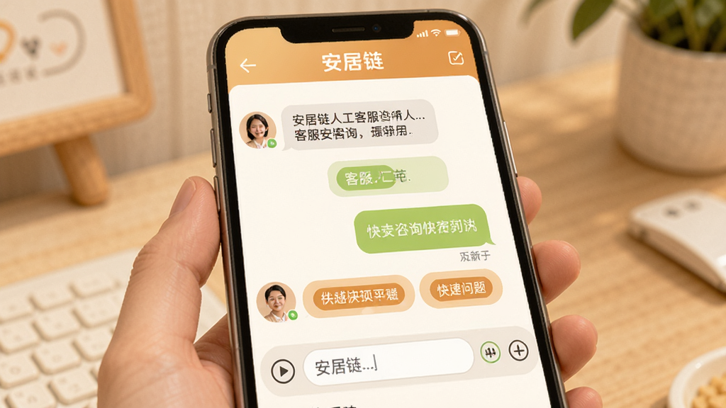 安居链人工客服咨询界面,主体为手机聊天窗口,布局为对话气泡与输入框,排版友好,风格为温暖亲和,细节包含客服头像、消息气泡、快捷问题按钮,画质清晰,无多余元素,界面中带有“安居链”标识。