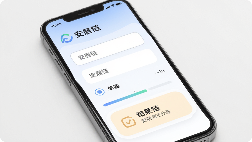 安居链在线资格自测功能界面,主体为手机屏幕,布局为表单填写与结果展示区,排版简洁,风格为柔和圆角卡片风,细节包含输入框、单选按钮、进度条与结果提示框,画质干净,无多余元素,画面中标注“安居链”字样。