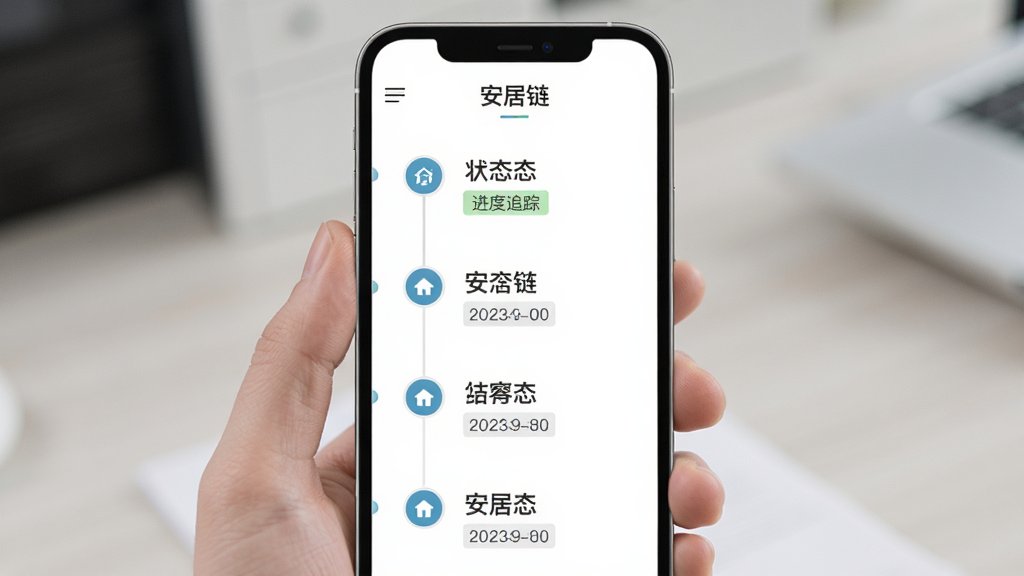安居链申请进度追踪页面,主体为手机应用界面,布局为纵向时间轴,排版清晰,风格为商务简约,细节包含节点图标、状态文字、日期标签,画质高清,干净无多余元素,页面顶部显示“安居链”。