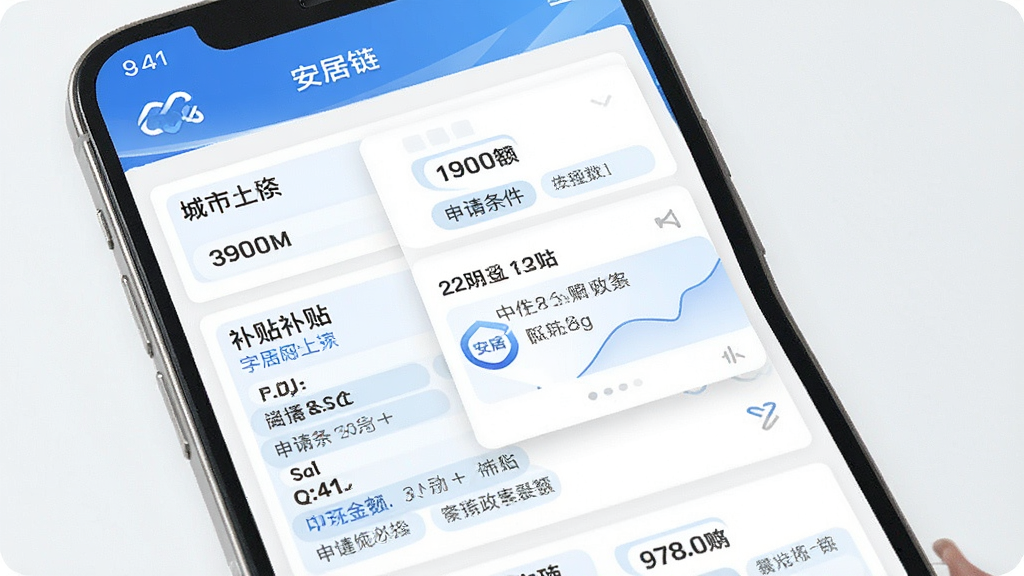 安居链购房补贴政策聚合页面,主体为手机应用截图,布局为列表与卡片结合,展示不同城市的补贴政策条目,排版整齐,风格为清新政务蓝,细节包含城市名称、补贴金额、申请条件等标签,画质清晰,干净无多余元素,画面中带有“安居链”文字。