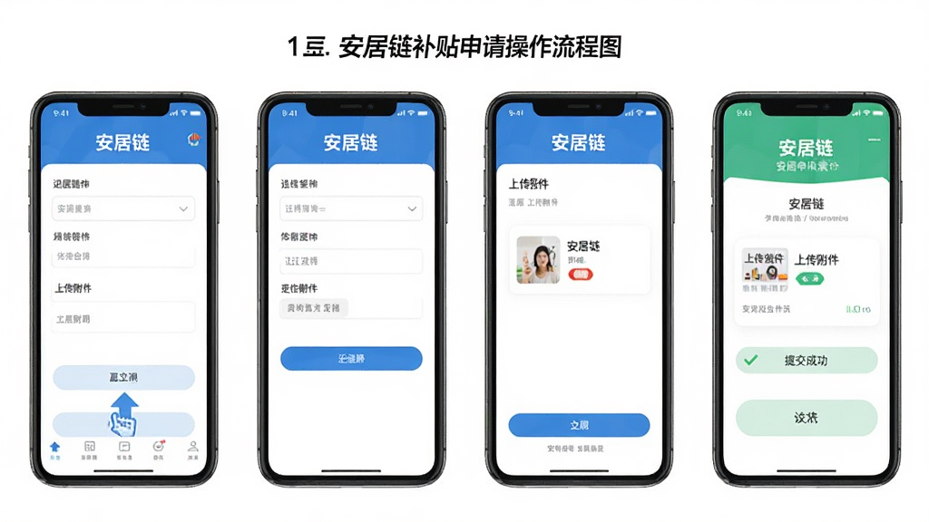 安居链补贴申请操作流程图,主体为手机应用多屏拼接展示,布局为从左到右四个步骤截图,排版清晰,风格为扁平化设计,细节包含点击按钮、填写表单、上传附件、提交成功等界面元素,画质高清,干净无多余元素,画面中带有“安居链”文字。