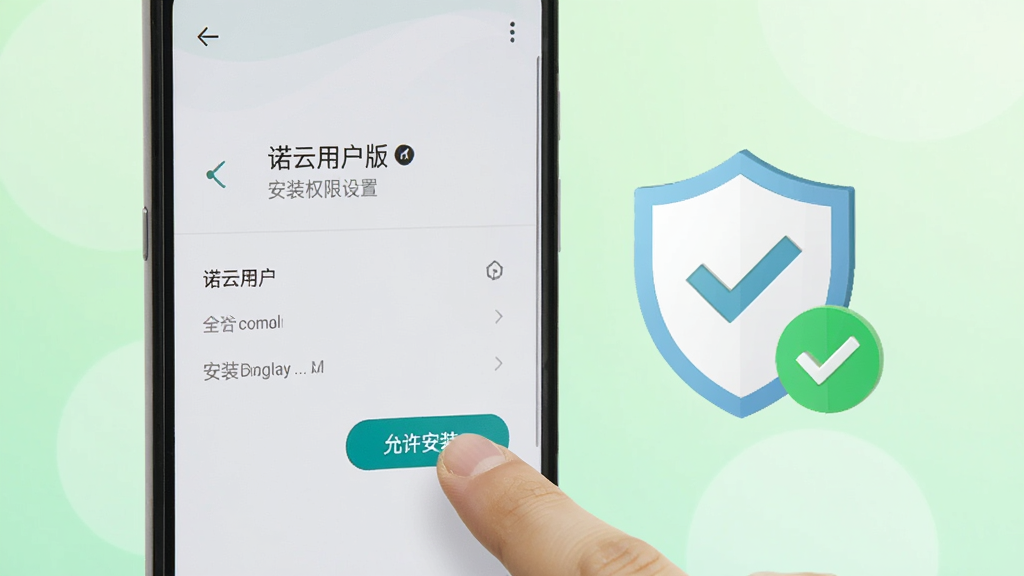 一部安卓手机屏幕显示诺云用户版的安装权限设置界面,画面中有手指正在点击“允许安装”按钮,手机旁边漂浮着一个盾牌图标与勾选标记,象征安全安装。背景为浅绿色渐变,风格清爽,画质干净,无多余元素,图片中不出现任何文字。