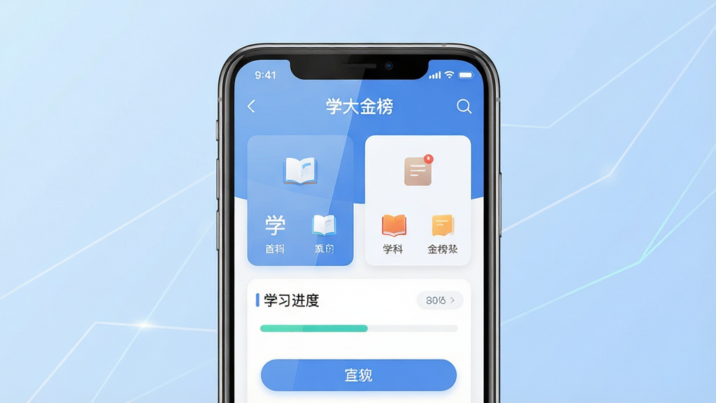 һ��չʾѧ������������ȫò��ͼƬ��������һ�����������ֻ�����Ļ�ڳ���ѧ����App����ҳ���棬����ѧ��ѡ��Ƭ��ѧϰ�����������ֲ��þ��жԳƹ�ͼ���Ű����ֻ�λ�ڻ�������ƫ�£�����Ϊǳ��ɫ��������͵ļ������������Ϊ��ƽ���Ƽ������磬ϸ������Ļ����΢���⡢����ͼ����������ťԲ�󣬻��ʸ���ɾ��޶���Ԫ�ء�