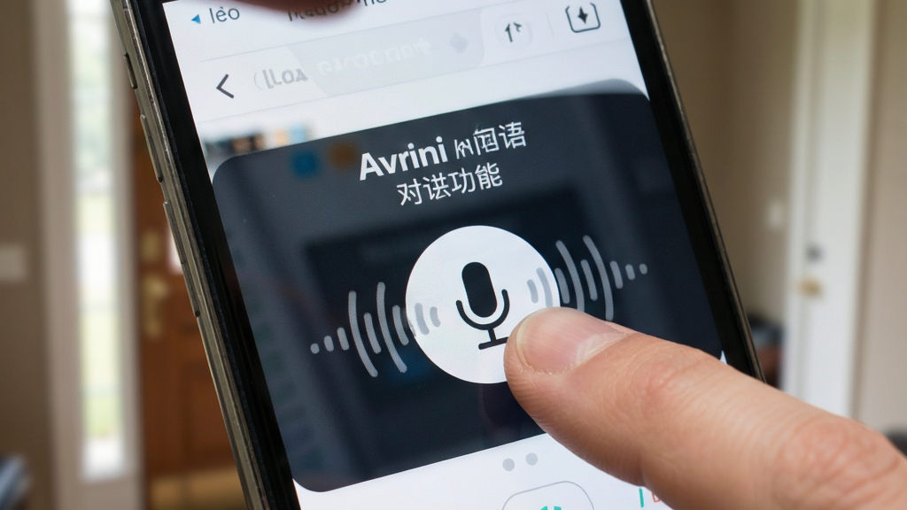 一张表现Avmini双向语音对讲功能的图片,主体为手机界面上的对讲按钮被按下,背景为门口场景,布局为手机特写加虚化背景,风格为生活写实风,细节包括按钮上的麦克风图标和声波纹理,画质清晰,干净,无多余元素