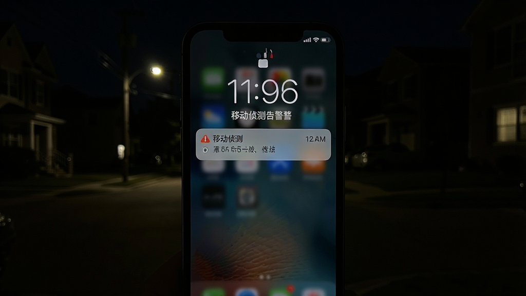 一张表现Avmini移动侦测告警功能的图片,主体为手机弹出告警通知的锁屏界面,背景为暗色夜间场景,布局为手机居中,风格为写实夜拍风,细节包括通知条上的