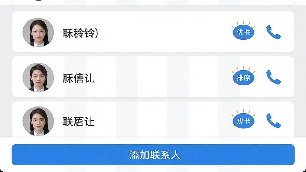 安心铃紧急联系人管理页面截图,页面中列出三个联系人头像和姓名,每个联系人右侧有优先级排序标识和电话图标。页面底部有“添加联系人”按钮,整体配色以白色和浅灰色为主,点缀少量蓝色,界面干净整洁,布局清晰,画质细腻。