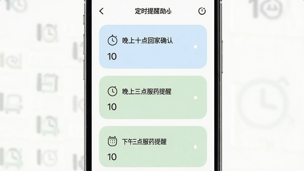 手机屏幕展示安心铃定时提醒设置界面,界面中有多个时间卡片,分别标注“晚上十点回家确认”“下午三点服药提醒”等文字,卡片以柔和的浅蓝色和浅绿色区分。背景为干净的白色,界面布局整齐,图标简洁,整体风格清新友好,画质清晰无杂乱元素。
