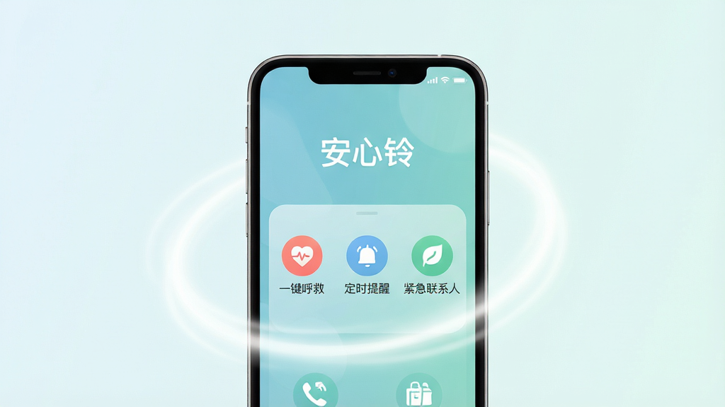 画面中央放置一部智能手机,屏幕显示安心铃应用主界面,界面以柔和的蓝绿色调为主,顶部有“安心铃”文字标识,下方排列一键呼救、定时提醒、紧急联系人三个功能图标。手机周围环绕柔光效果,背景为简洁的浅色渐变,整体风格干净清爽,布局居中对称,画质清晰,无多余装饰元素。