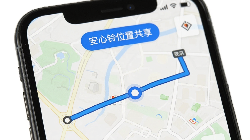 手机屏幕显示地图界面,地图上有一条从起点到终点的蓝色轨迹线,轨迹线上有一个代表用户位置的小圆点,地图上方有“安心铃位置共享”文字标签。背景为浅色地图底图,界面简洁,重点突出轨迹和位置信息,画质清晰,无多余图标干扰。