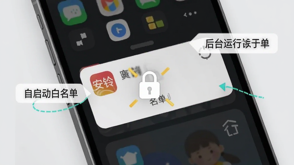 安心铃应用在手机后台运行状态示意图,画面中手机屏幕显示多任务管理界面,安心铃应用卡片被锁定图标标记,周围有“自启动白名单”“后台运行”等文字标签,背景为浅灰色,风格简洁,重点突出后台保护设置,画质清晰。