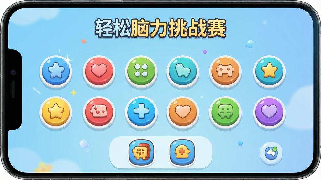一张简洁明快的手机游戏界面展示图,画面中央是「轻松脑力挑战赛」游戏主界面,包含多个彩色圆形按钮和关卡选择图标,背景为柔和渐变蓝色,整体风格清新活泼,画质清晰干净,无多余元素,适合作为软件下载站配图