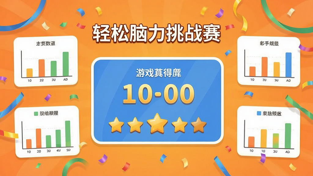 一张展示「轻松脑力挑战赛」游戏结算界面的图片,画面中央显示得分和星级评价,周围有庆祝彩带和简洁的数据统计图表,背景为温暖橙色渐变,整体风格轻松愉快,画质清晰干净,无多余元素