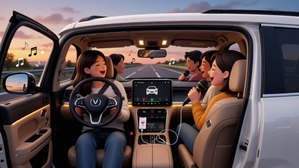 ����������һ���򿪳��ŵİ�ɫSUV�������п���Ļ��ʾ����������K��ĸ�ʽ��棬����ʻ�ͺ��ų˿��ֳ���˷绶���������ǰ����Ĺ�·����ϼ�������ϳ������У���Ļ���������ɼ����Ű���ú�湹ͼ�����Ϊдʵ��ܰ�Ĳ廭�磬ϸ�ڰ������ڷ�Χ�ơ�����Ʈ���������ֻ��복�������ߣ����ʸ��壬�ɾ����޶���Ԫ�ء�