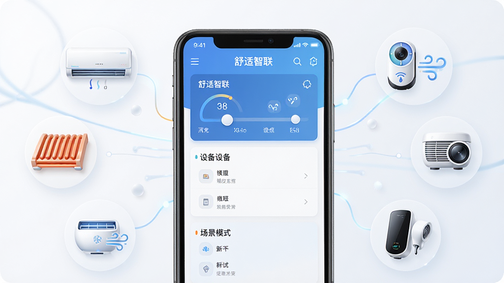一张展示舒适智联软件核心全貌的场景图,画面中央是一部智能手机,屏幕上显示舒适智联应用主界面,界面中包含温度调节、设备列表、场景模式等功能模块,手机周围环绕着空调、地暖、新风等智能设备图标,整体布局清晰有序,采用现代科技感风格,细节精致,画质高清,干净无多余元素,背景简洁明亮