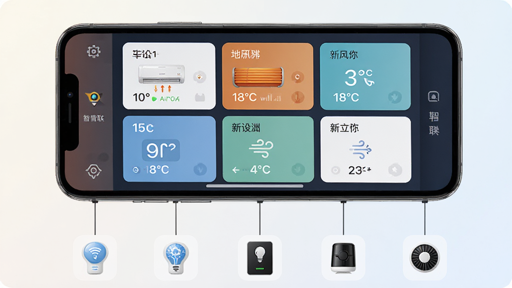 一幅AI生成的场景图,展示舒适智联全屋设备集中管控功能,画面主体是一部手机,屏幕中显示舒适智联应用的多设备控制面板,面板上整齐排列着空调、地暖、新风等设备卡片,每张卡片显示当前状态与温度数值,手机下方连接着多个智能设备图标,整体布局采用网格排版,风格简洁现代,细节丰富,画质高清,干净无多余元素,背景为浅色渐变