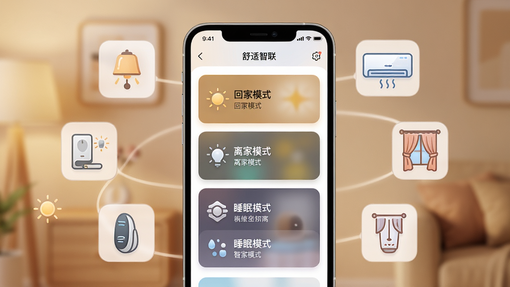 一幅AI生成的场景图,展示舒适智联场景联动功能,画面主体是手机屏幕显示舒适智联应用的场景模式选择界面,界面中包含回家模式、离家模式、睡眠模式等卡片,每个卡片配有对应的图标与简要说明,手机周围环绕着灯光、空调、窗帘等设备图标,整体布局采用卡片式排版,风格温馨现代,细节精致,画质高清,干净无多余元素,背景为柔和暖色调