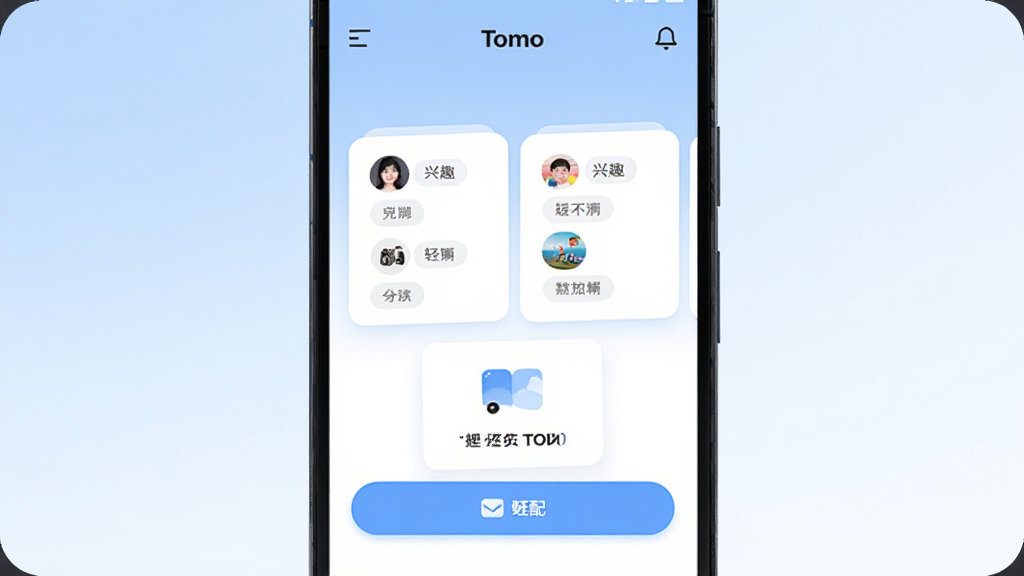 Tomo 是一款主打真实高效轻量化的移动社交应用,画面主体为一部竖屏安卓手机,手机屏幕中显示 Tomo 应用的主界面,界面包含兴趣标签卡片和匹配按钮,布局居中,背景为柔和的浅蓝与白色渐变,风格简洁现代,细节包括圆角图标与清晰文字,画质高清干净无多余元素