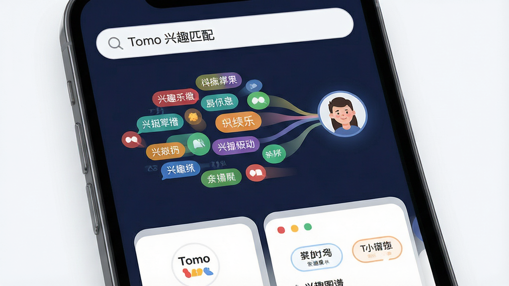 Tomo 兴趣图谱智能匹配功能展示图,画面主体为一部手机屏幕内呈现彩色兴趣标签云与用户头像连线,布局为上下结构,上方是搜索栏,下方是匹配结果卡片,风格扁平化科技感,细节包括标签文字清晰、连线柔和,画质高清干净无多余元素,图片中文字为“Tomo 兴趣匹配”