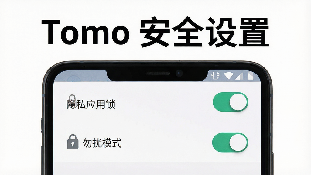 Tomo 新手避坑指南示意图,画面主体为一部安卓手机屏幕显示设置菜单与隐私选项,布局为上下结构,上方是标题“Tomo 安全设置”,下方是应用锁与勿扰模式开关,风格简洁清晰,细节包括开关按钮和锁形图标,画质高清干净无多余元素