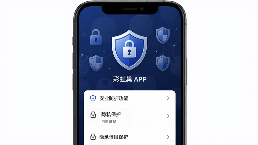 彩虹巢APP的安全防护功能界面,手机屏幕中显示盾牌图标和隐私保护相关设置选项,背景是深蓝色调,有锁和盾牌等安全元素,风格稳重可靠,高清画质,画面干净整洁