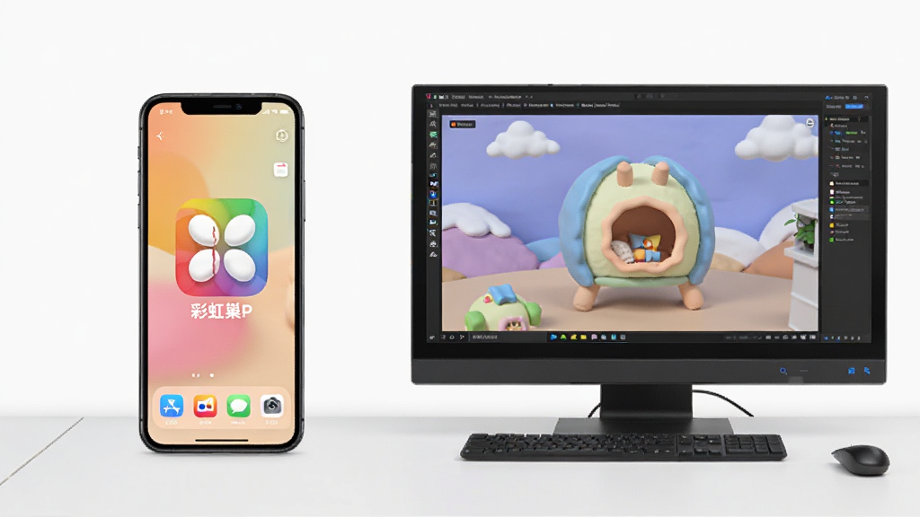 彩虹巢APP在手机和电脑模拟器上的对比展示图,左侧是手机直接运行界面,右侧是电脑模拟器运行界面,背景简洁,风格清晰,高清画质,无多余元素