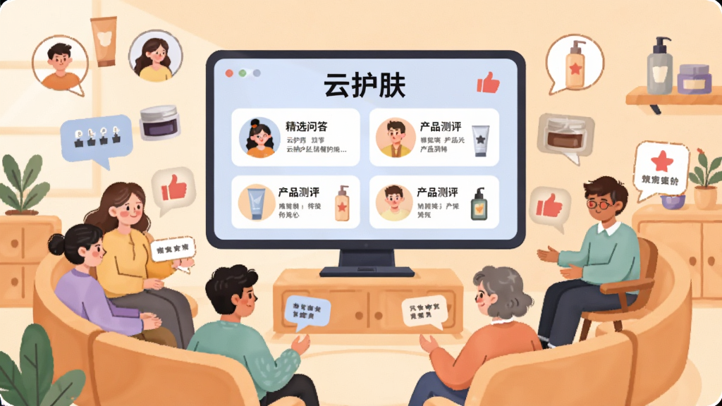 一个温暖的线上社区场景,多位不同年龄段的用户在虚拟房间中交流护肤心得,中央大屏显示“云护肤”社区精选问答与产品测评卡片,布局为环形座位围绕屏幕,风格为扁平化插画风,细节包括用户头像气泡、点赞图标、护肤瓶罐装饰,画质为高清、干净、无多余元素