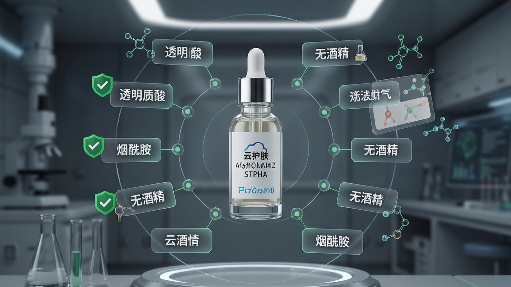 一个充满科技感的成分分析界面,中央悬浮着一瓶护肤精华的3D模型,周围环绕着“云护肤”应用中的成分标签如“透明质酸”“烟酰胺”“无酒精”等,布局为圆形放射状,风格为高端实验室视觉,细节包括分子结构线框、绿色安全标识、成分卡片浮动,画质为4K超高清、干净、无多余元素