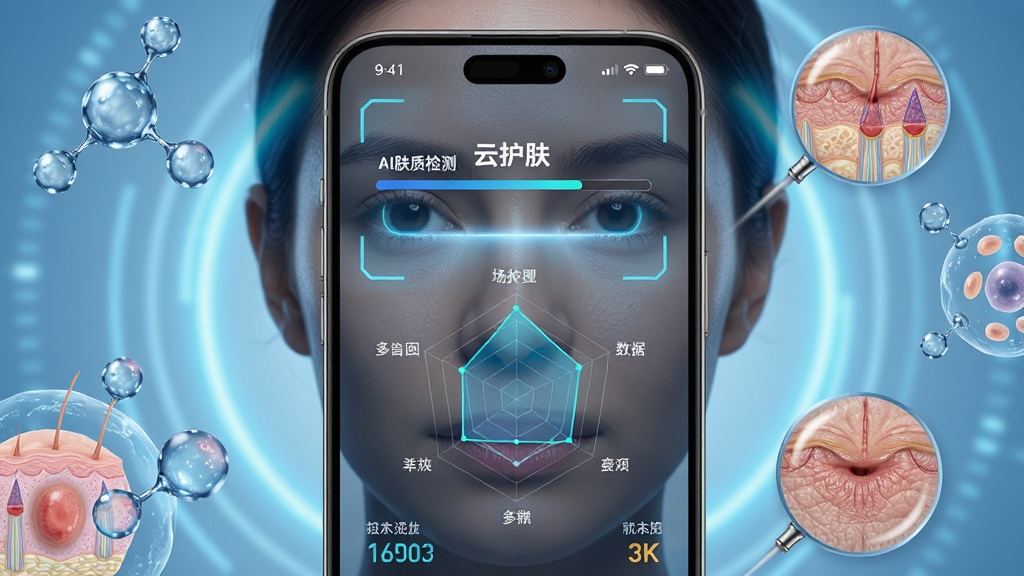 一部智能手机正在对用户面部进行扫描,屏幕中央显示“云护肤”AI肤质检测进度条与多维数据雷达图,背景为淡蓝色科技光晕,主体清晰突出,布局为手机正面居中,四周环绕水分子与皮肤细胞抽象图形,风格为科技医疗风,细节包括扫描光线、数据跳动数字、肌肤纹理放大特效,画质为8K超清、干净、无多余元素
