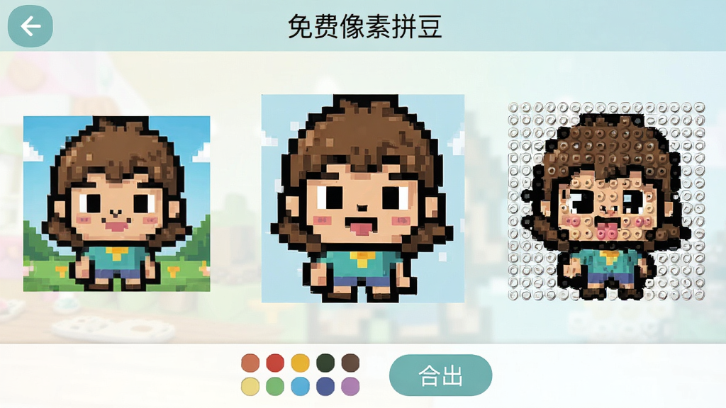 免费像素拼豆手机应用主界面截图,画面中央展示一张正在转换中的像素风格卡通图案,左侧为原图预览,右侧为生成的拼豆格子图纸,底部工具栏显示颜色板与导出按钮,整体界面干净清爽,采用柔和的浅色背景,顶部标题栏写有