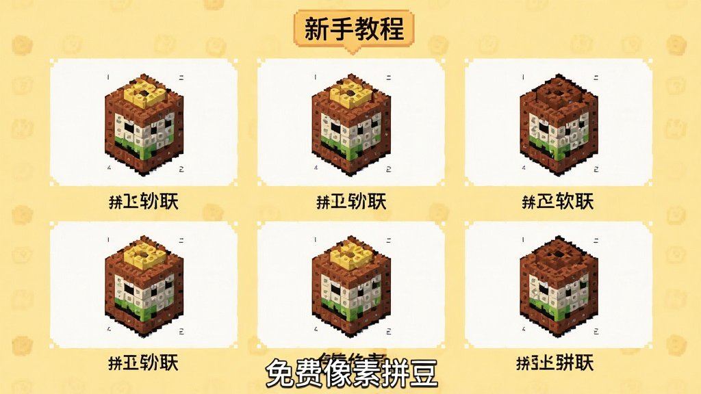 免费像素拼豆软件内置教程页面截图,画面中展示分步骤的拼豆制作图文说明,每一步配有简单的示意图和文字描述,页面顶部有