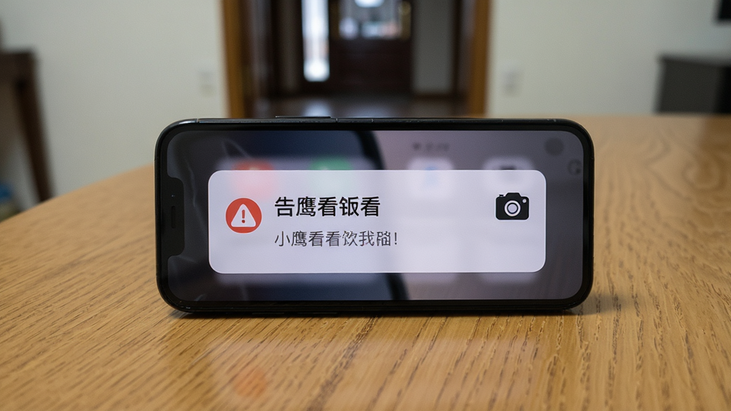 一部手机放在木质桌面上,屏幕亮起显示一条告警通知横幅,通知内容旁边有一个摄像头图标,背景中有模糊的门口场景,布局为手机特写居中,风格为写实生活风,细节包括屏幕通知卡片的阴影、桌面木纹质感,画质高清,干净无多余元素,画面中文字标注“小鹰看看”