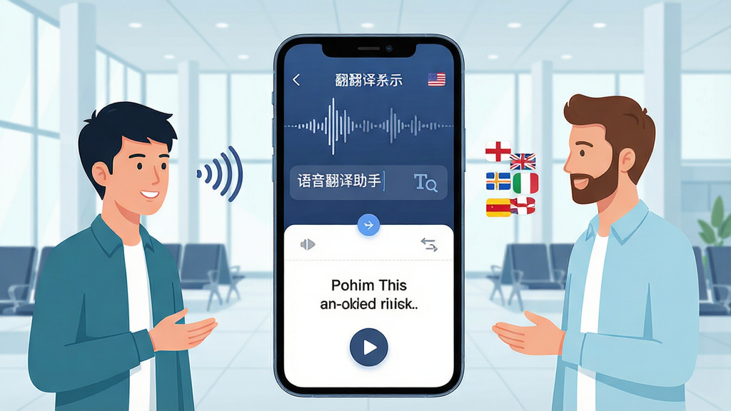 一张展示语音翻译助手核心功能的场景图,画面中央是一部智能手机,屏幕显示语音翻译助手应用界面,上方是中文语音波形与文字输入区域,下方是英文翻译结果与播放按钮,手机两侧分别站着一位中国用户和一位外国用户正在对话,背景是明亮的机场候机大厅,整体布局左右对称,排版清晰,风格为现代科技感插画,细节包括语音波纹图标、翻译箭头、多语言旗帜小图标,画质高清,画面干净,无多余元素,文字标注“语音翻译助手”
