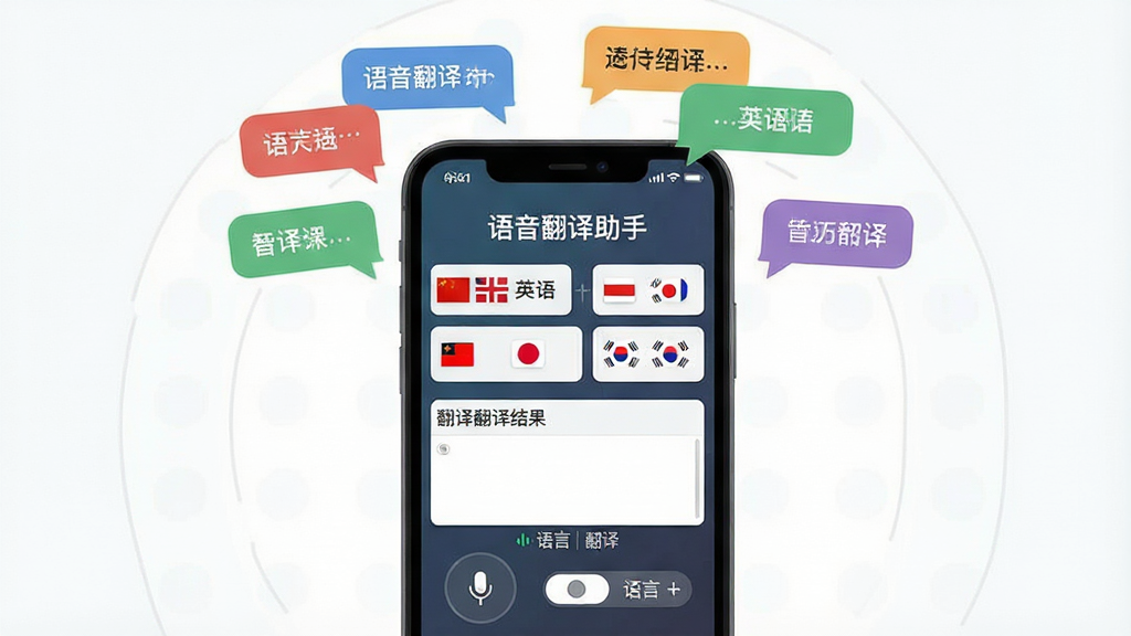 一张展示语音翻译助手多语种互译功能的界面图,画面主体是一部手机,屏幕中显示多个语言选项按钮,包括中文、英语、日语、韩语、法语等,每种语言旁边配有对应的国旗图标,手机上方漂浮着不同语言的对话气泡,布局采用中心放射式排版,风格为扁平化UI设计,细节包括语音输入按钮、翻译结果展示框、语言切换标签,画质清晰,干净整洁,无多余元素,屏幕中标注“语音翻译助手”