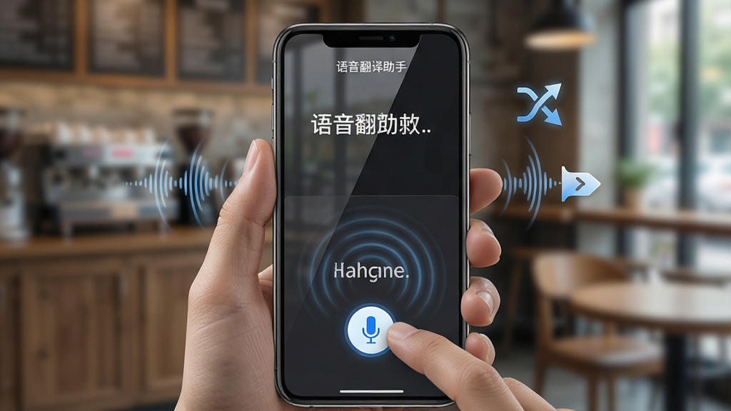 一张展示语音翻译助手在手机端使用场景的示意图,画面中一只手拿着手机,屏幕显示语音翻译助手正在运行,麦克风按钮处于激活状态,屏幕上方显示中文原文,下方显示英文译文,手机周围有语音波形和翻译箭头图标,背景是模糊的咖啡馆环境,布局为竖版手机界面特写,风格为写实科技风,细节包括手指操作、屏幕反光、语音波纹动效,画质高清,画面干净,无多余元素,屏幕中标注“语音翻译助手”