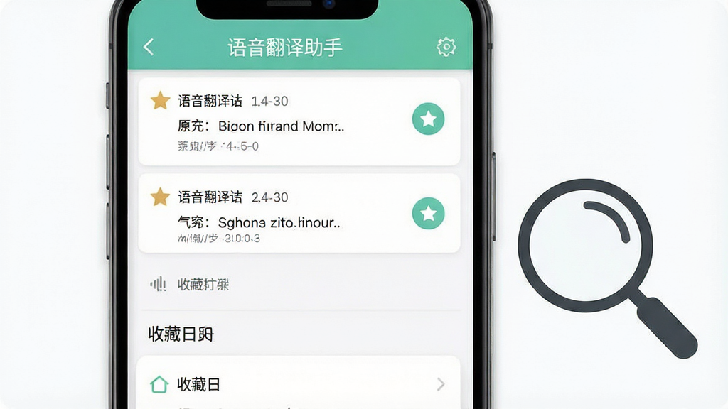 一张展示语音翻译助手对话历史记录与收藏功能的界面图,画面中手机屏幕显示翻译记录列表,每条记录包含原文、译文和时间戳,部分记录带有星标收藏图标,手机旁边有一个放大镜图标指向收藏夹,布局为上下结构,上方是记录列表,下方是收藏夹入口,风格为清新简约的卡片式设计,细节包括时间标签、语言标识、收藏按钮,画质高清,画面干净,无多余元素,界面中标注“语音翻译助手”