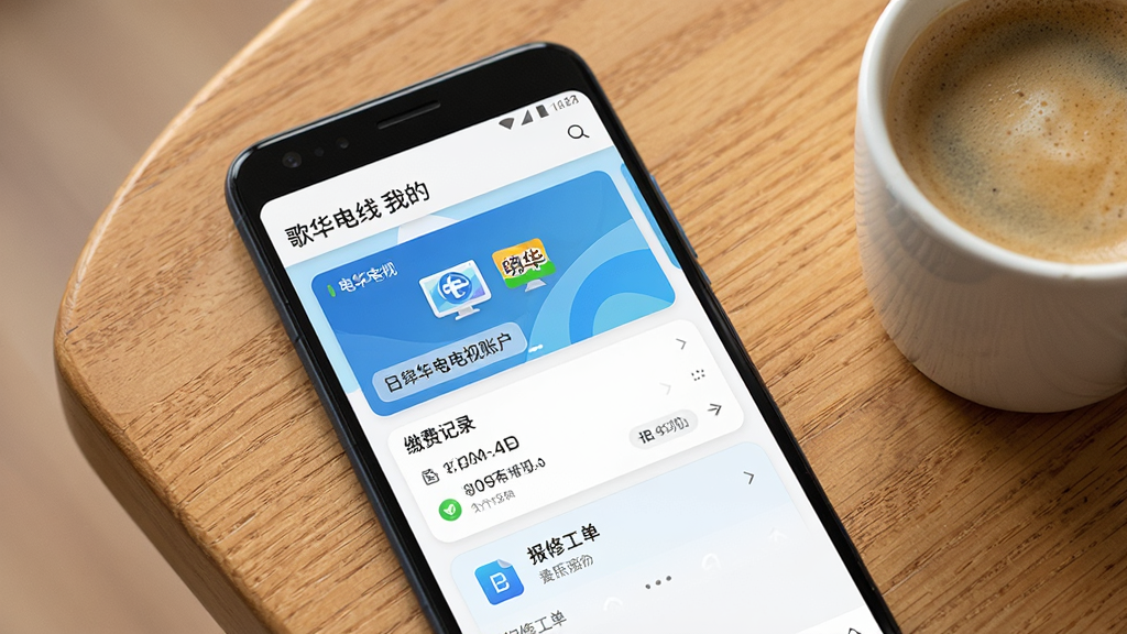 һ����׿�ֻ�չʾ�軪����App�ġ��ҵġ�ҳ�棬ҳ������ʾ�Ѱ󶨵����ߵ����˻���Ƭ���ɷѼ�¼�ͱ��޹�����ڣ��ֻ���Ļ�Ϸ��С��軪���ߡ����ֱ�ʶ������Ϊ��ɫ��ǳ��ɫ���䣬�ֻ�������ľ�������ϣ��Ա���һ�����ȣ�������ܰ��Ȼ�������������޶���Ԫ�أ���������