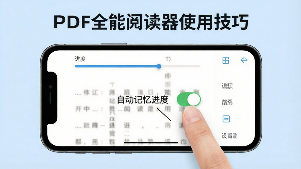 一张展示PDF全能阅读器使用技巧的图片,主体为手机屏幕,屏幕内显示着阅读进度条和设置菜单,布局为手机居中,排版突出“自动记忆进度”开关按钮,风格为简约教程风,细节上手指正在点击开关,背景为浅蓝色,画质为高清,干净无多余元素。