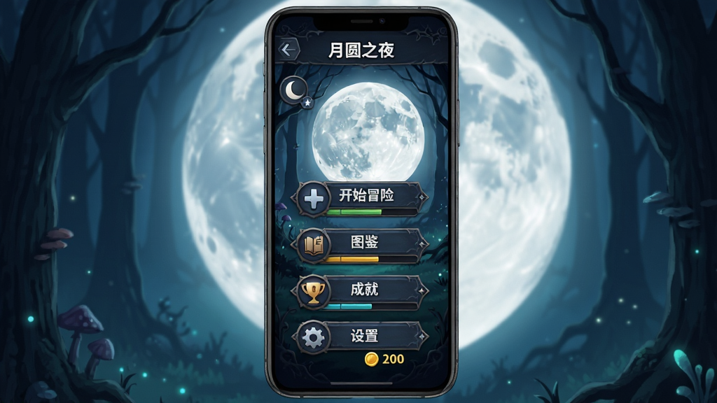 ����Ϊ�ֻ���Ļ������棬��ʾ����Բ֮ҹ����Ϸ���˵�����������ʼð�ա���ͼ�������ɾ͡������á���ť������Ϊ������ɭ�֡����ֲ����ֻ�UI�Ű棬���Ϊ������ý��棬ϸ�ڰ���ͼ�ꡢ��������������֣����ʸ���ɾ����޶���Ԫ�ء�