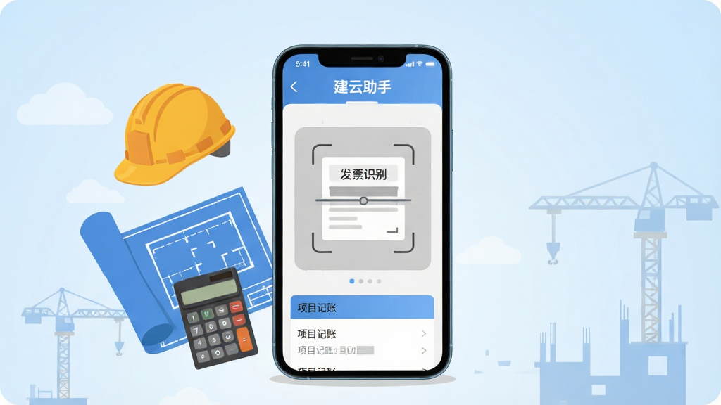 画面中心是一部智能手机,屏幕显示“建云助手”应用界面,界面中包含发票扫描框和项目记账列表。手机左侧漂浮着建筑工地元素,如安全帽、图纸和计算器。整体布局采用左右对称结构,背景为浅蓝色渐变。风格为扁平化商务插画,细节包括屏幕上清晰的文字“发票识别”和“项目记账”。画质清晰,干净,无多余元素