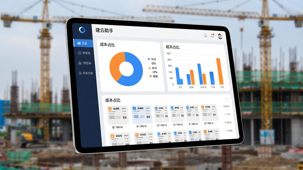 一张悬浮的平板电脑界面,显示“建云助手”的项目台账页面,页面中有饼状图和柱状图展示成本占比,下方列表显示多张发票缩略图。背景是模糊的建筑工地远景。风格为现代数据可视化风格,细节包括图表颜色为蓝橙配色,界面干净整洁。画质清晰,无多余元素