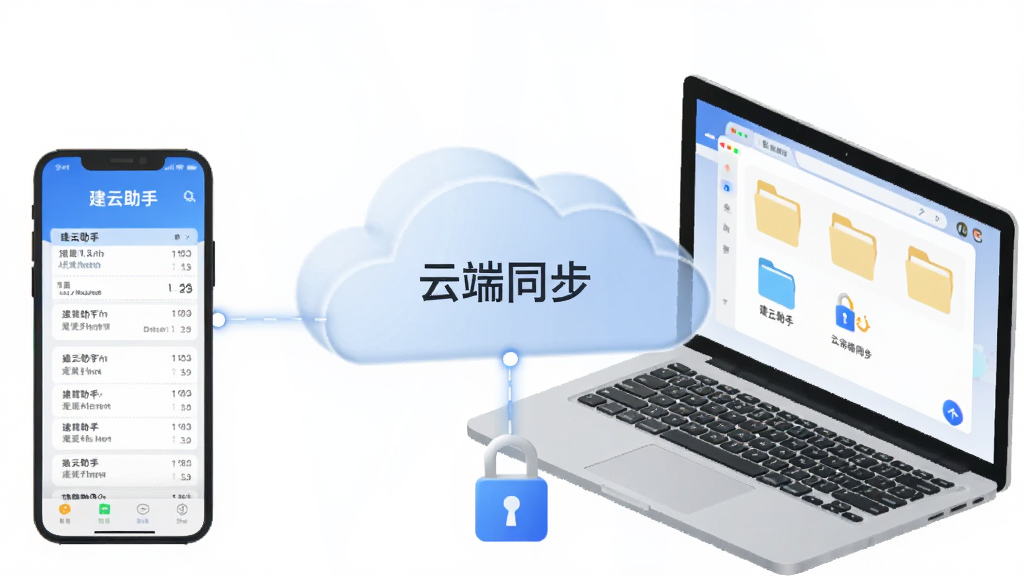 画面展示一朵半透明的云朵连接着手机和笔记本电脑,手机屏幕显示“建云助手”的票据列表,电脑屏幕显示相同的归档文件夹。云朵下方有数据锁图标。风格为简约科技插画,布局采用三角形构图,细节强调“云端同步”文字。画质清晰,干净,无多余元素