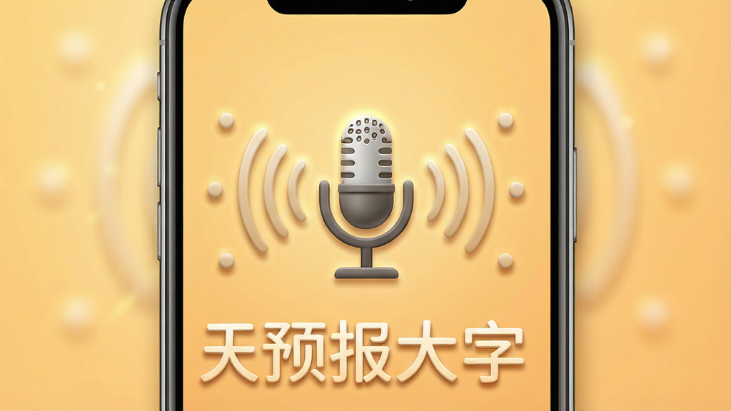 天气预报大字版语音播报功能展示图,画面主体为手机屏幕,屏幕中央有一个醒目的麦克风图标和声波扩散图形,背景为暖色调,布局采用居中对称设计,风格为拟物化设计,细节包含柔和的阴影和光晕,画质清晰干净,无多余元素,屏幕中文字显示“天气预报大字版”。
