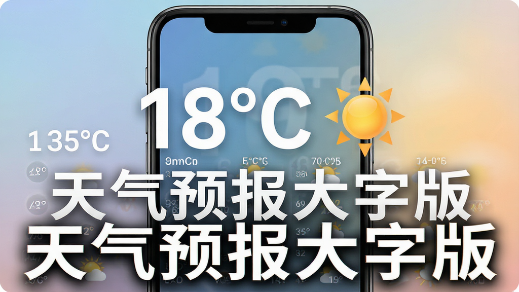 天气预报大字版软件主界面展示,画面主体为一部智能手机,屏幕中央显示巨大的温度数字和太阳图标,下方排列着未来三天的天气简表,采用高对比度的大字体设计,布局简洁明了,风格为写实UI展示,细节包含清晰的数据排版、柔和的背景渐变,画质清晰,干净无多余元素,屏幕中文字显示“天气预报大字版”。