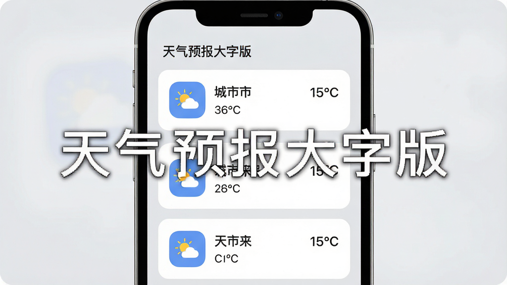 天气预报大字版多城市管理界面图,主体为手机屏幕,屏幕内显示三个城市卡片列表,卡片上写着城市名和温度,布局为垂直排列,风格为现代简约卡片式设计,细节包含圆角矩形图标和浅灰色背景,画质清晰,干净整洁,屏幕中文字显示“天气预报大字版”。