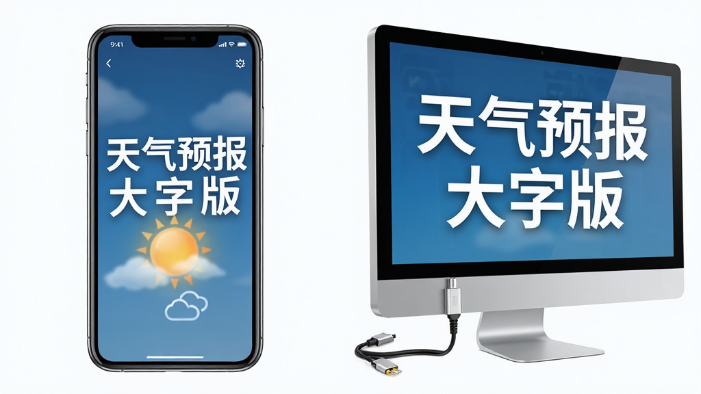 天气预报大字版在手机和电脑模拟器上的运行对比图,主体为左侧手机和右侧电脑屏幕,两侧屏幕均显示天气预报大字版界面,布局为左右对比排列,风格为科技感展示,细节包含清晰的屏幕边框和连接线,画质干净明亮,无多余元素,屏幕中文字显示“天气预报大字版”。