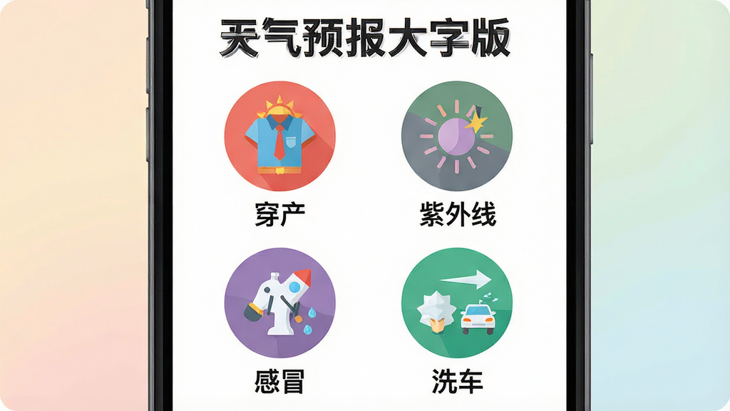 天气预报大字版生活指数展示图,主体为手机屏幕,屏幕内显示四个圆形图标,分别代表穿衣、紫外线、感冒、洗车,图标下方配有文字说明,布局为两行两列网格排列,风格为扁平化彩色图标设计,细节包含清晰的文字标注和柔和的背景色,画质干净,屏幕中文字显示“天气预报大字版”。
